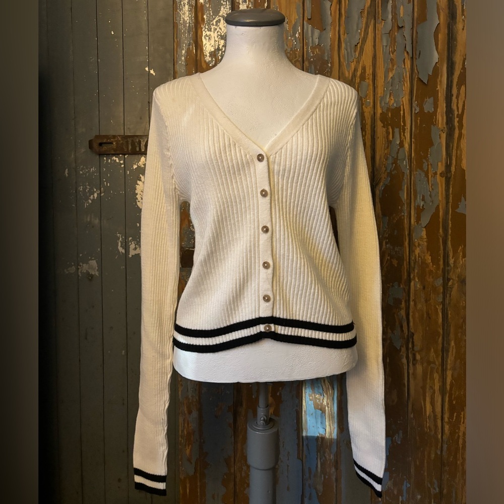 White with black stripe sweater